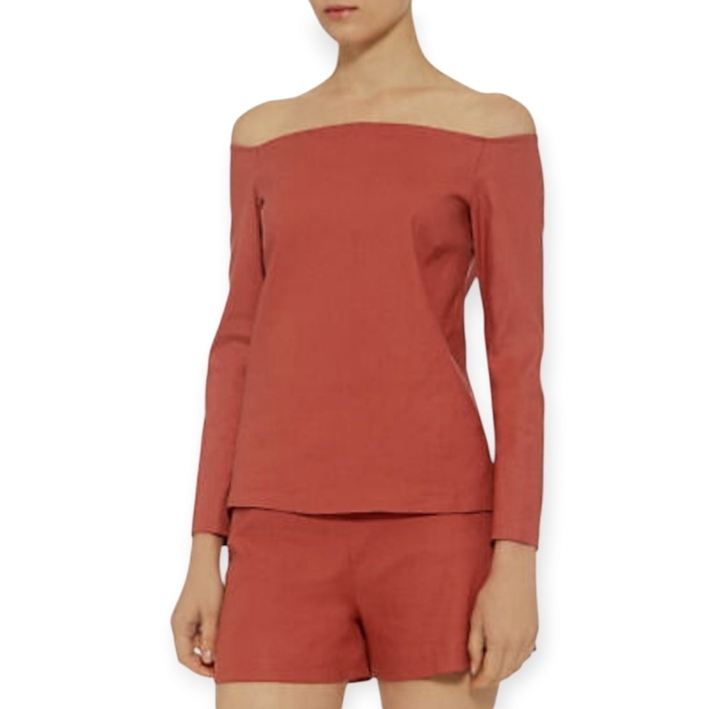 Theory Aprine Stretch Linen Off the Shoulder Top Carmine Red Size P (US 00-0)